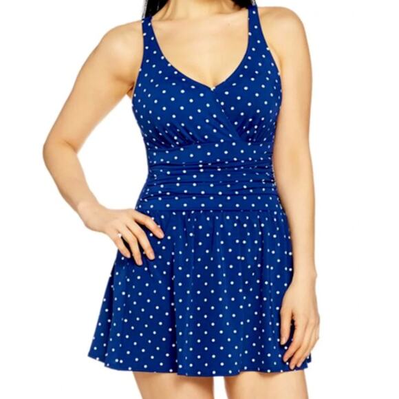 Denim&Co Other - Denim & Co Swim Dress Ruched Flounce One Piece Blue Polka Dot Retro Rockabilly